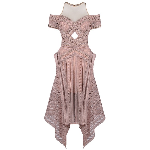 THURLEY Beige Off Shoulder Illusion Midi Dress - Picture 1 of 8